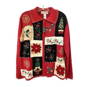 VTG Carly St Claire CHRISTMAS SWEATER Block Embroidered Beaded ZIP CARDIGAN sz L